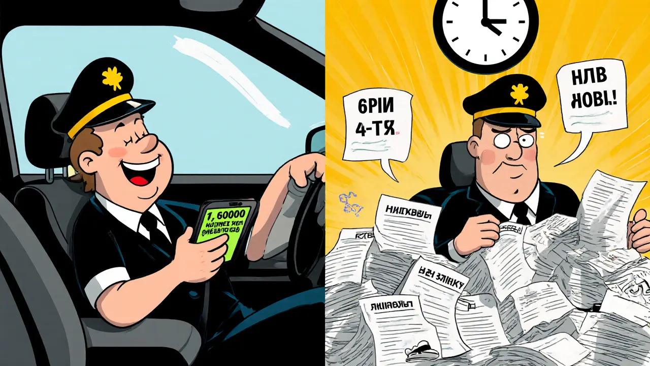 Сравнение: счастливый самозанятый с деньгами и перегруженный ИП под горой бумажек.