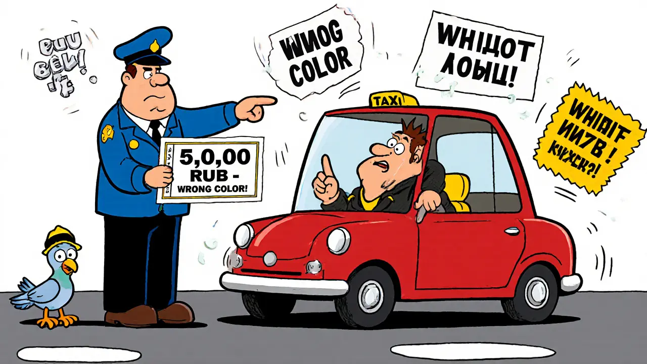 Водителя останавливает инспектор за красный цвет машины — в Москве разрешены только белый, серебристый или чёрный.