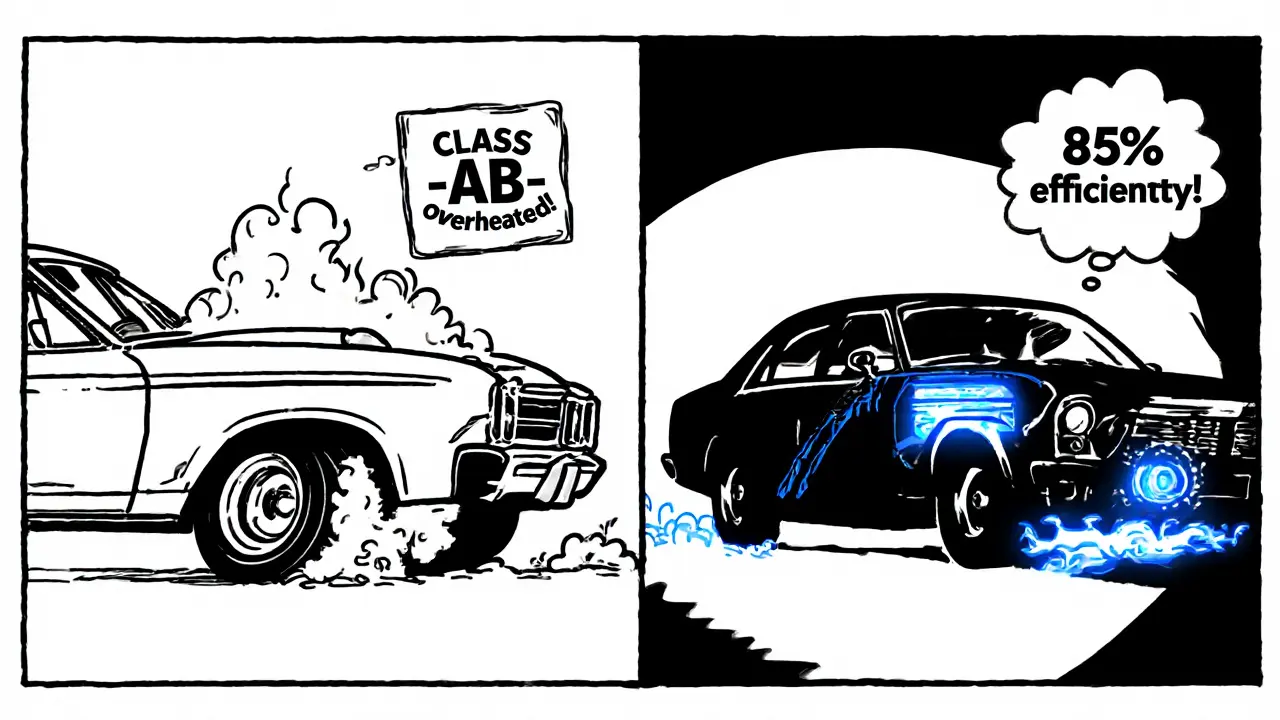 Два автомобиля: один с дымящимся сабвуфером, другой — с современным усилителем, излучающим синие волны звука.