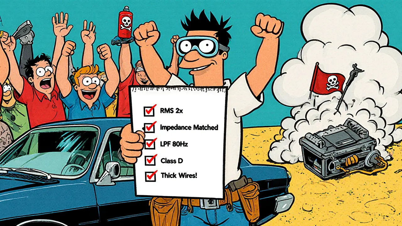 Механик с чек-листом стоит рядом с машиной, а позади — разрушенный усилитель и веселящиеся провода и аккумулятор.