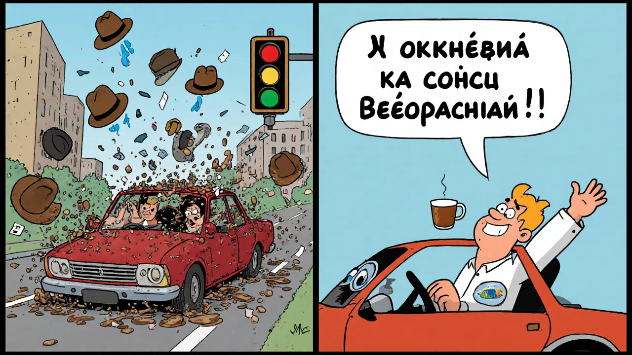 Слева — авария, справа — тот же водитель отдыхает с чаем, машина-робот машет ему.