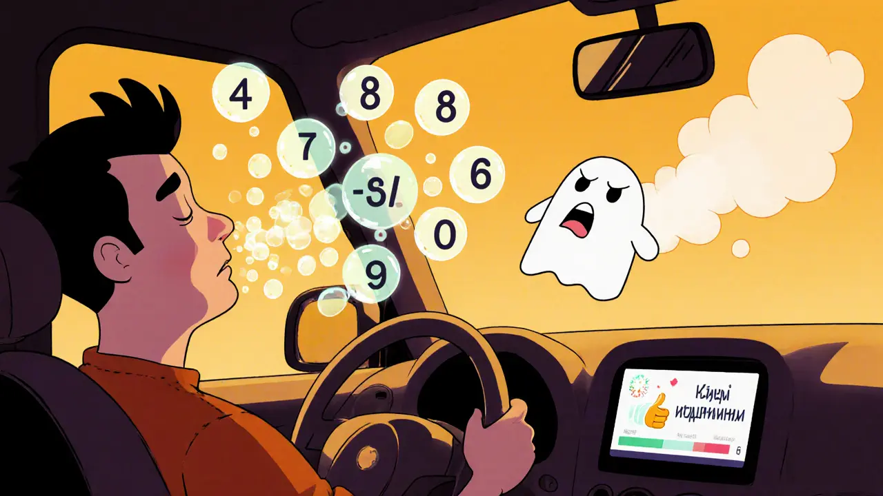 Водитель спокойно дышит, вокруг него светящиеся цифры 4-7-8, а злой дух улетает из машины.