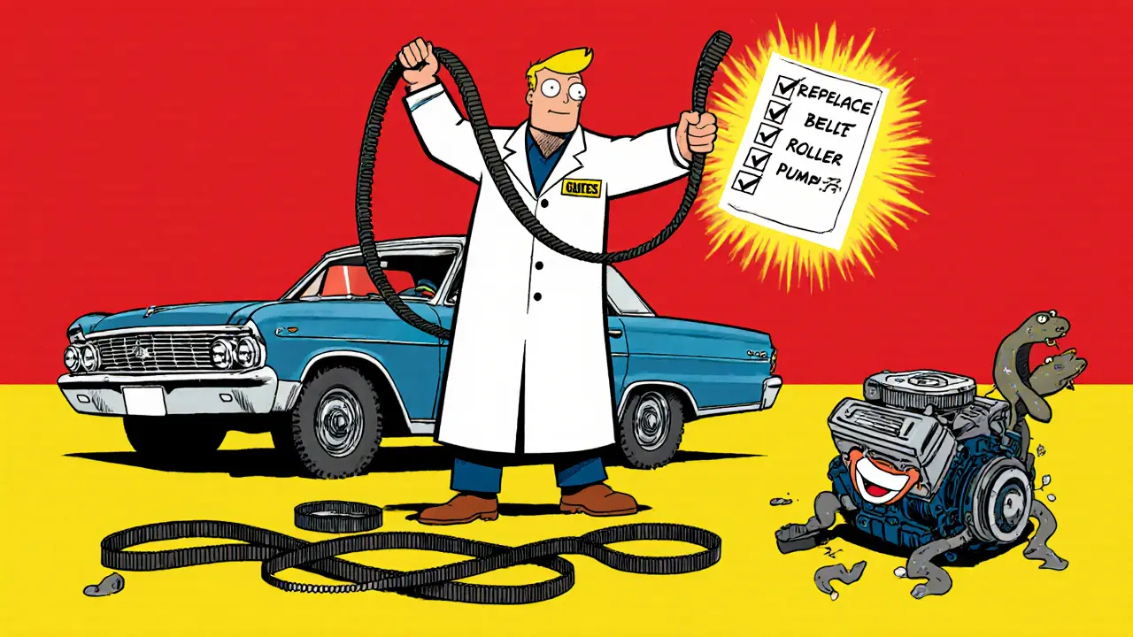 Механик держит новый ремень ГРМ как щит, рядом — разрушенные старые ремни и проверенный список замены.