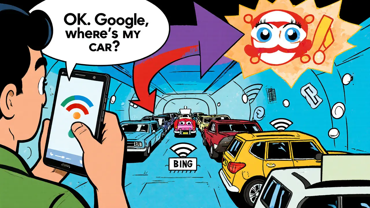 Мужчина говорит в телефон, из которого вылетает стрелка, указывающая на его машину с весёлыми глазами.