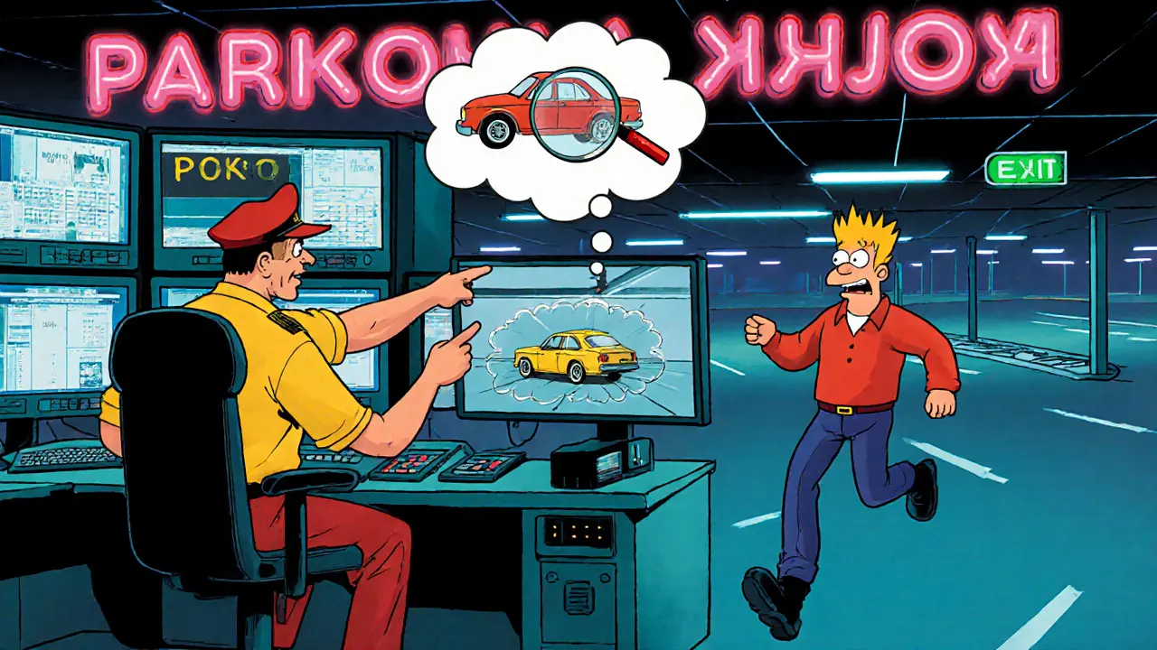 Охранник показывает на экране с камерами, где стоит машина, а водитель бежит к выходу с облаком мыслей.