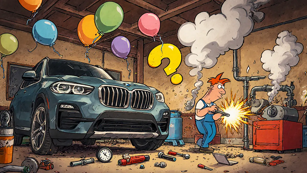 Механик настраивает пневмоподвеску на ноутбуке, вокруг — разлетающиеся инструменты и искры.