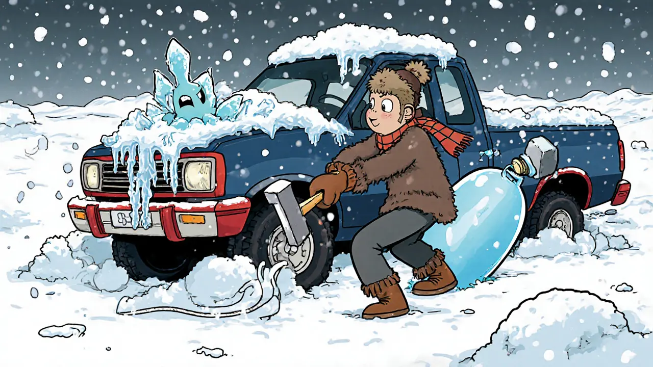 Зимой замерзшая пневмоподвеска сломалась — машина криво стоит, водитель бьёт по клапану молотком.