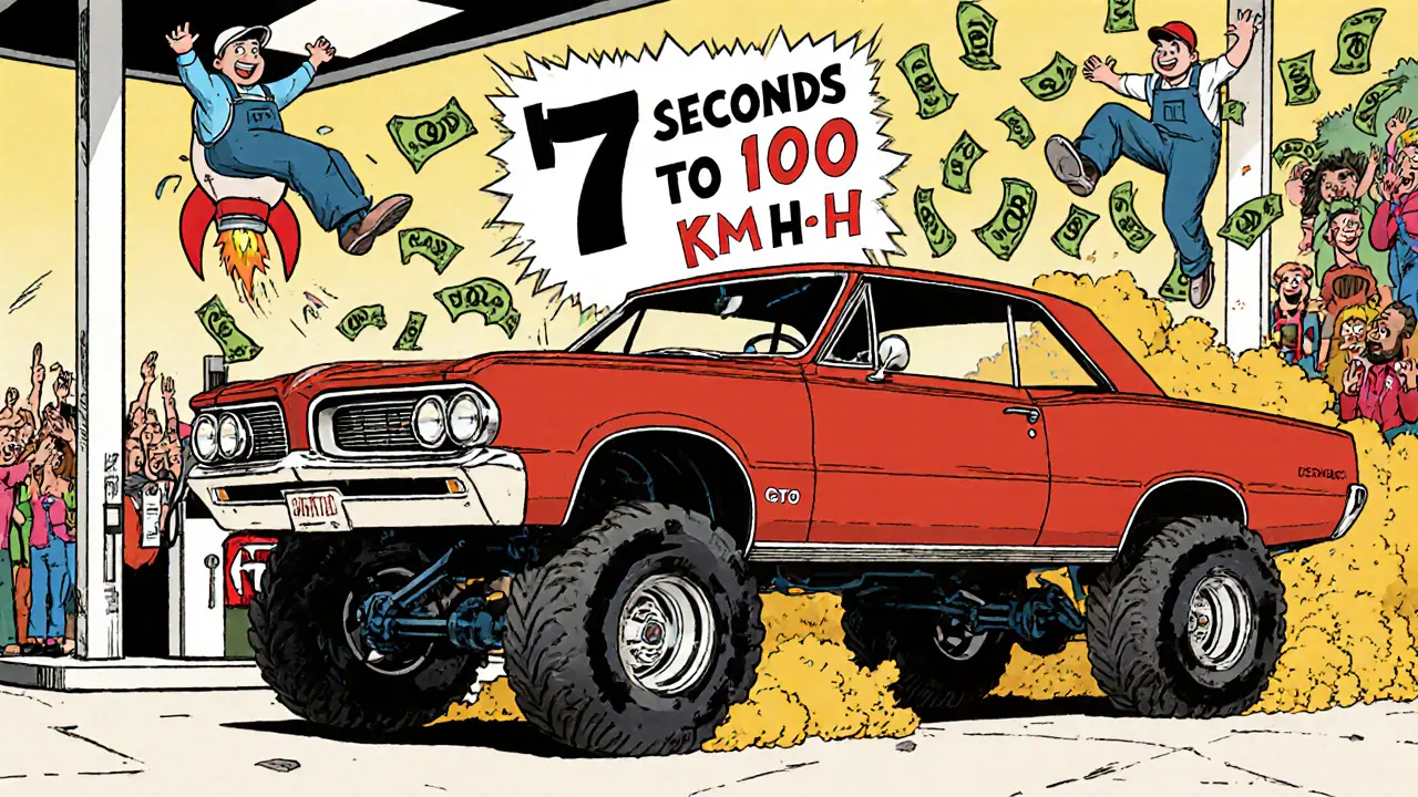 1964 Pontiac GTO launching a worker into the air with a &#039;7 seconds to 100 km/h&#039; sign in background.