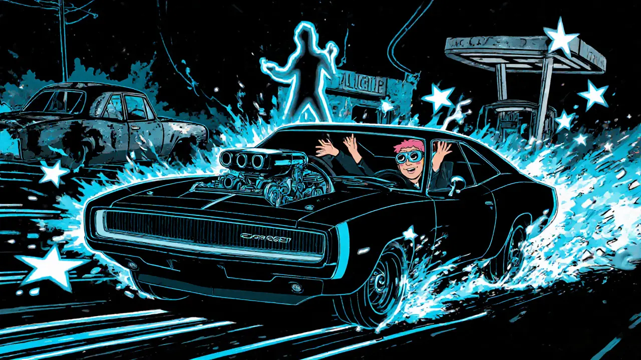 2024 Dodge Charger Daytona SRT racing past a crumbling gas station while a vintage car turns ghostly.
