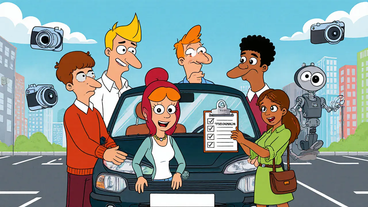 Группа водителей фотографирует автомобиль со всех сторон с помощью волшебных камер.