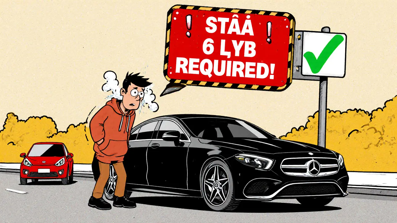 Новичок нервничает рядом с премиальной машиной, над которой висит предупреждение.