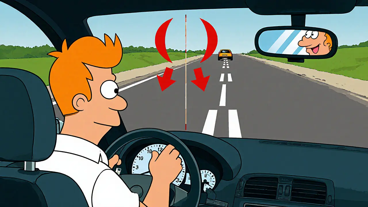 Водитель держит руль в точке 3 часа, машина идеально едет по центру полосы с визуальными указателями расстояния.