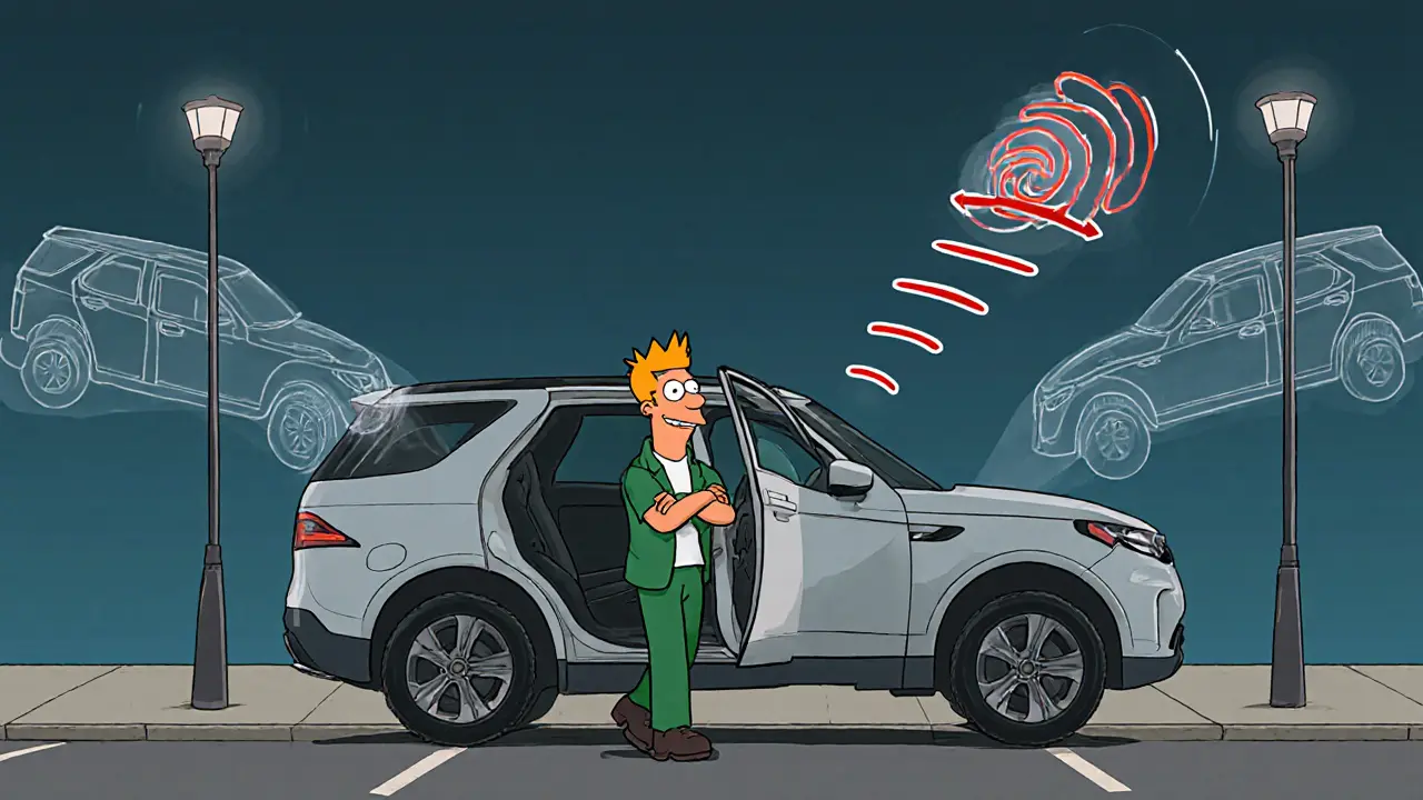 Водитель выходит из внедорожника после успешной парковки между столбами, вокруг — прозрачные контуры машины.