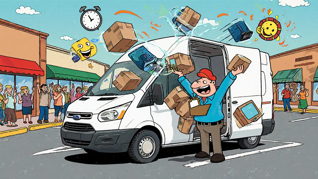 Фургон Ford Transit Custom загружается в торговом центре с летящими коробками.