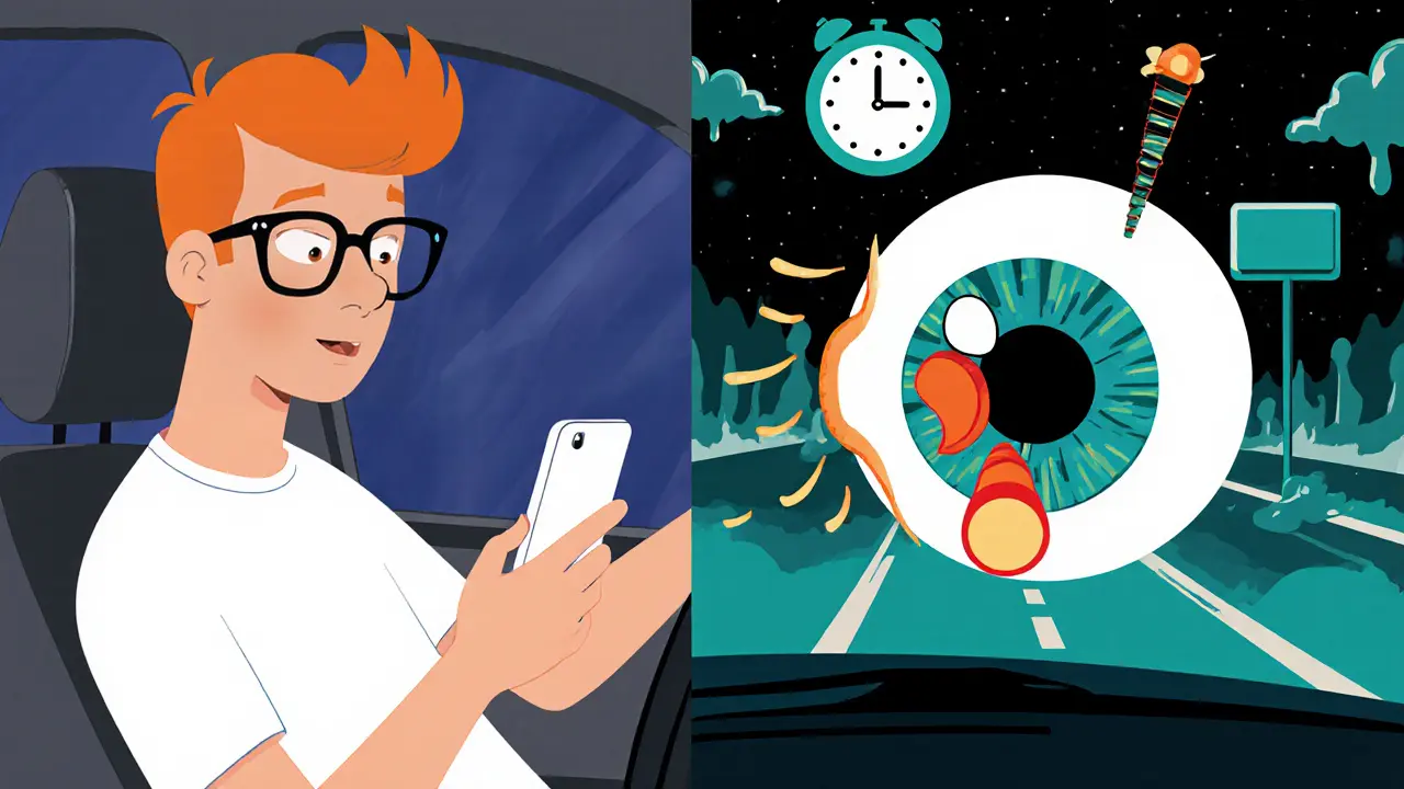 Сравнение дневного и ночного зрения: внутри глаза просыпаются палочки и колбочки как мультяшные существа.