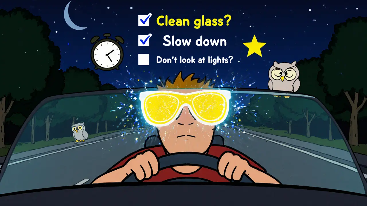 Водитель остановился ночью, над его головой парят жёлтые очки, фильтрующие вредный свет, рядом чистое лобовое стекло.