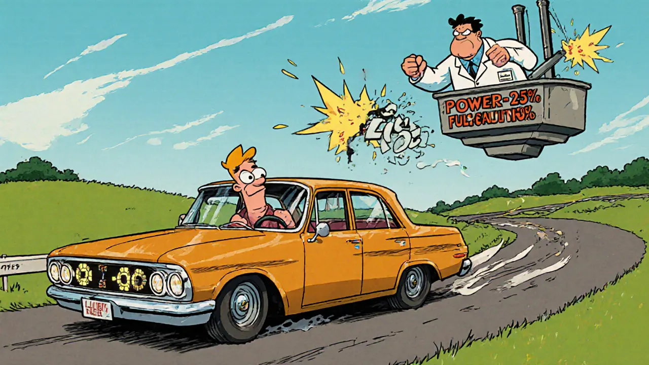 Водитель радостно едет, а фабричный инженер злится из башни, где падают знаки ограничений.