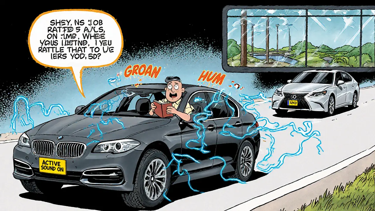 БМВ с шумными шинами рядом с тихим Лексусом ES в мультяшной сравнительной сцене.
