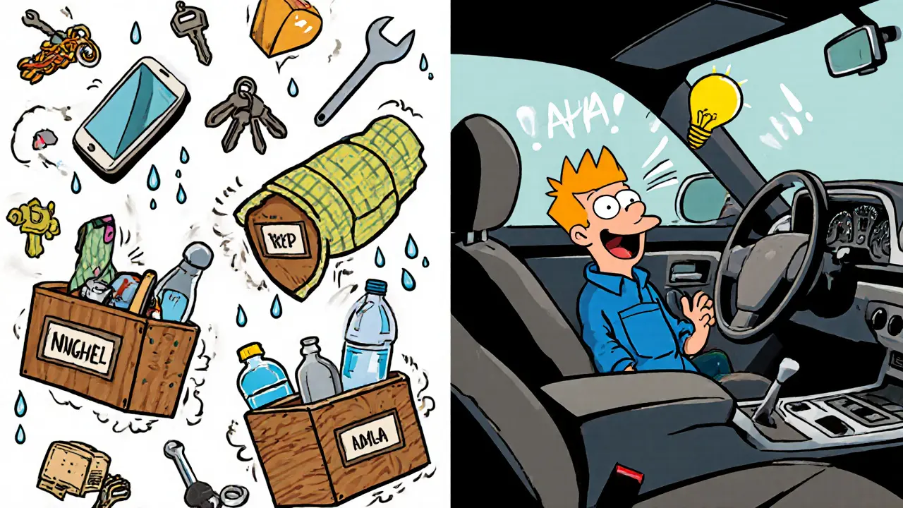 До и после: хаос в машине превращается в упорядоченное хранение с тремя самодельными органайзерами.