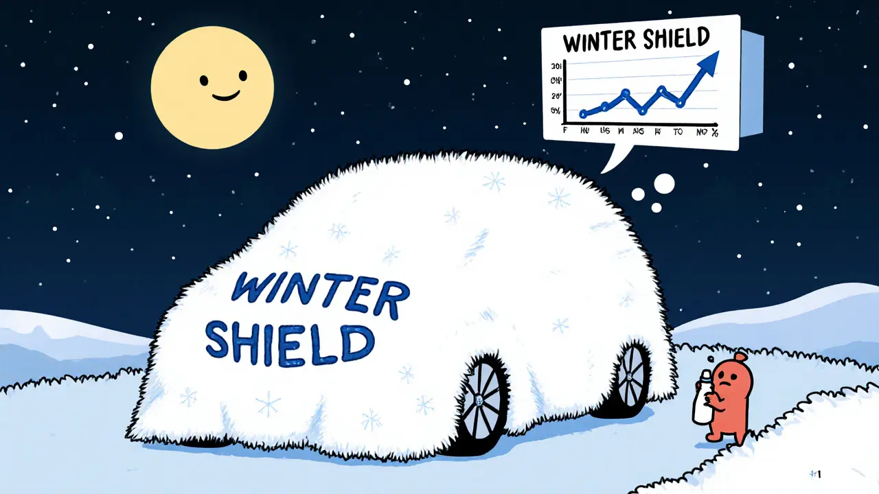 Машина накрыта одеялом, лунный свет освещает снижение наледи на 70%.