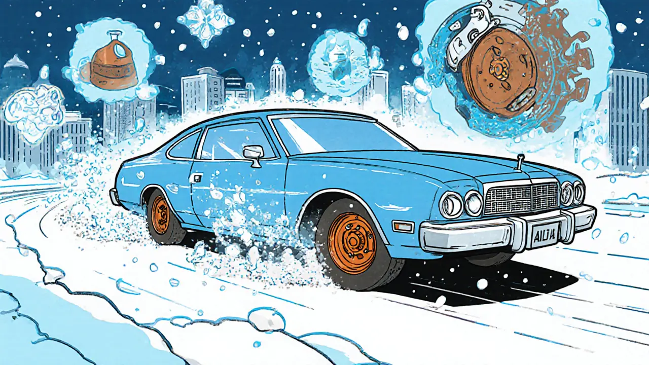 Машина в снегу с визуализацией стареющего масла и влаги в тормозной жидкости.