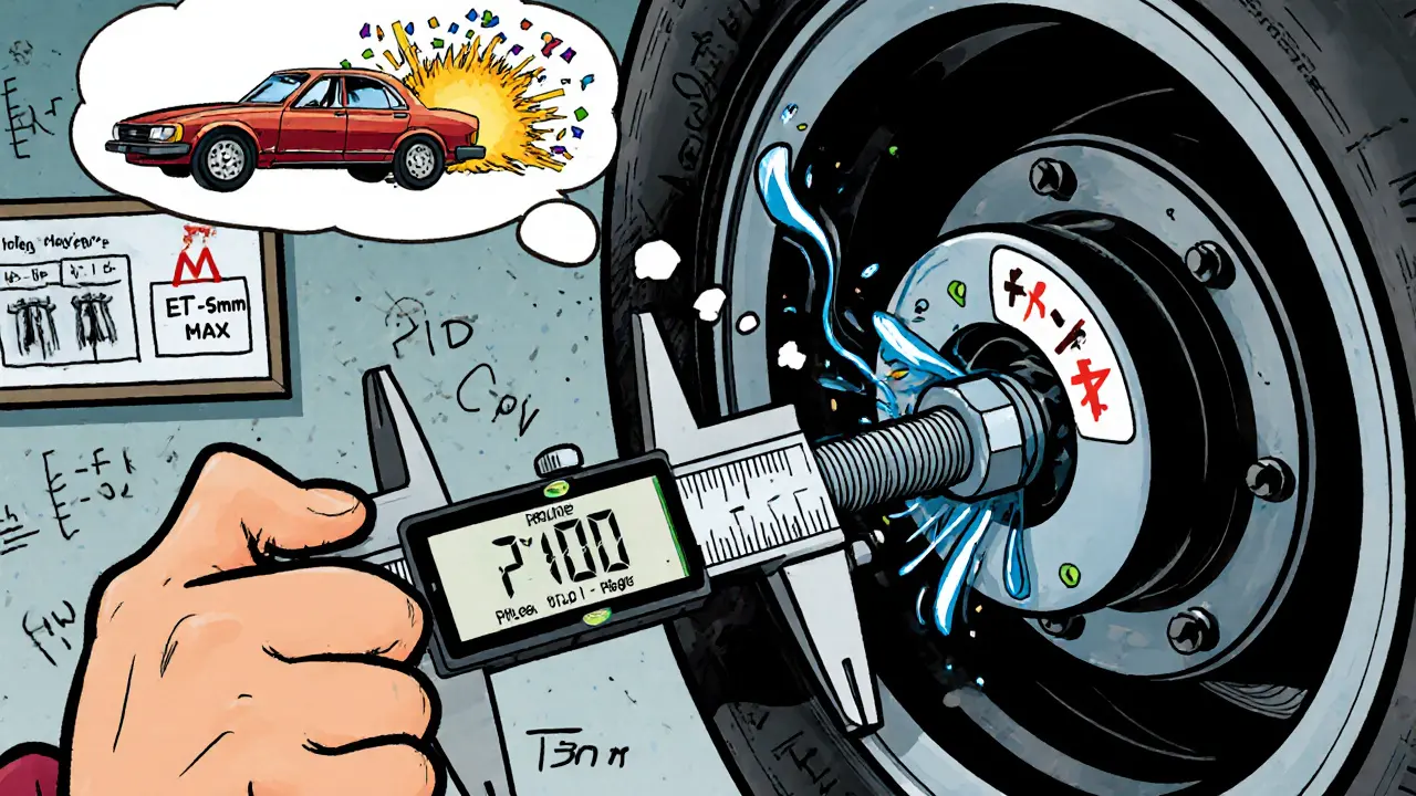 Механик измеряет центральное отверстие колеса, а болт пытается вкрутиться в неподходящее отверстие.