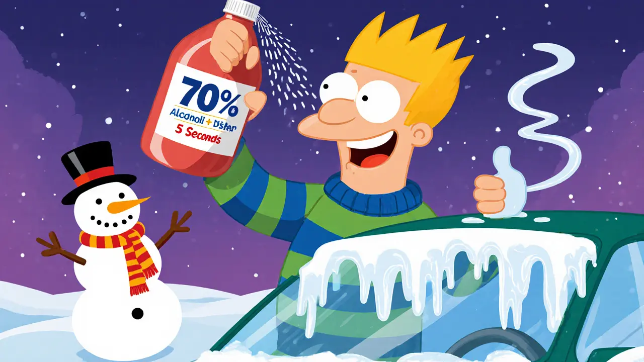 Механик распыляет спиртовой раствор на лобовое стекло, лед тает мгновенно.