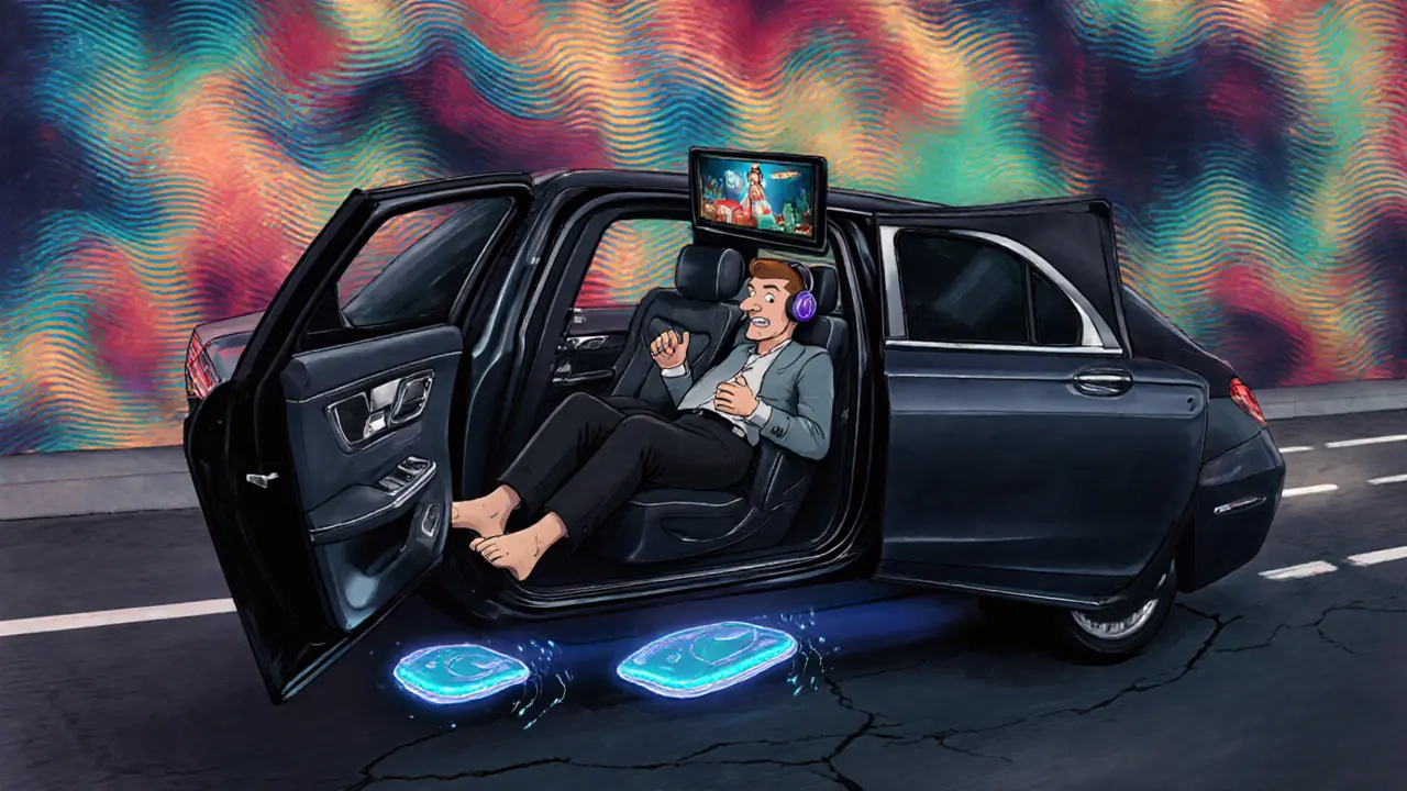 Мерседес-Майбах S680 с VIP-сиденьями, массажем и экранами в мультяшном стиле.