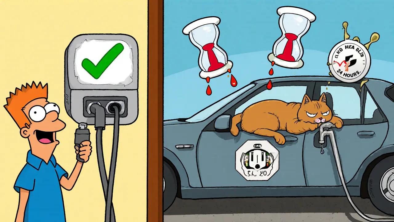 Сравнение быстрой зарядки на Wallbox и медленной на розетке в стиле мультфильма с забавными визуальными метафорами.