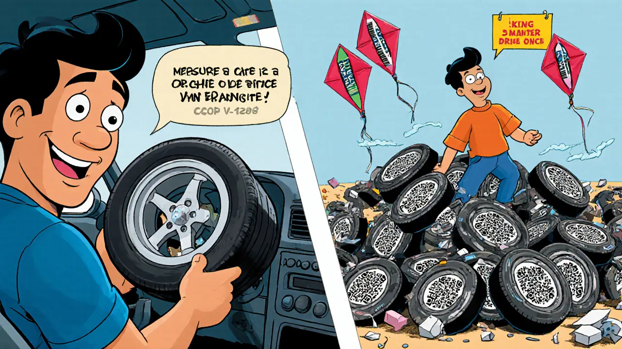 Сравнение: идеально подобранное колесо слева и хаос из неподходящих дисков и китайских колец справа.