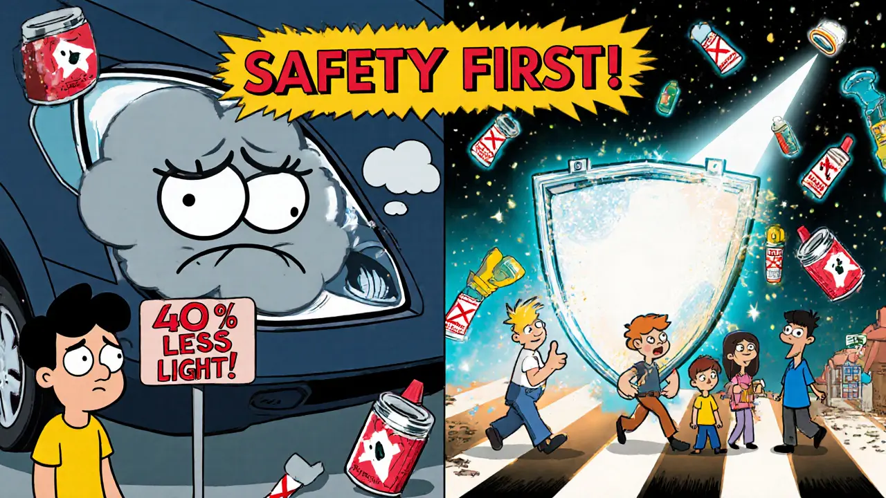 Сравнение: мутная фара с опасностью на дороге и яркая фара как защита.