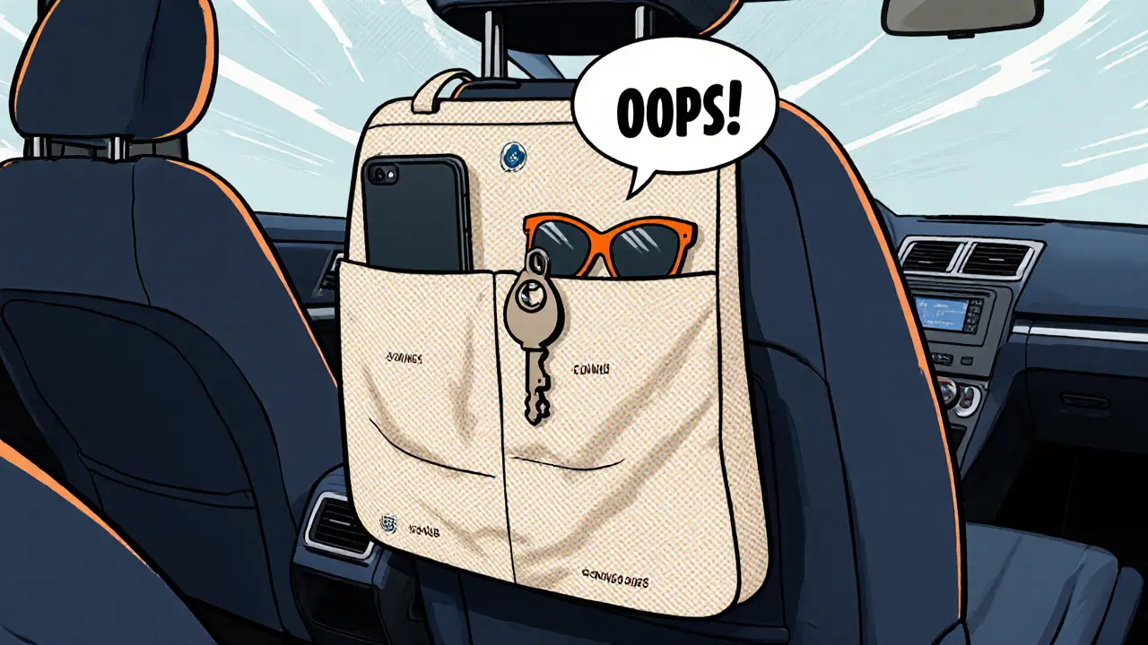 Текстильный карман между сиденьями с телефоном и очками, закрепленный липучками.