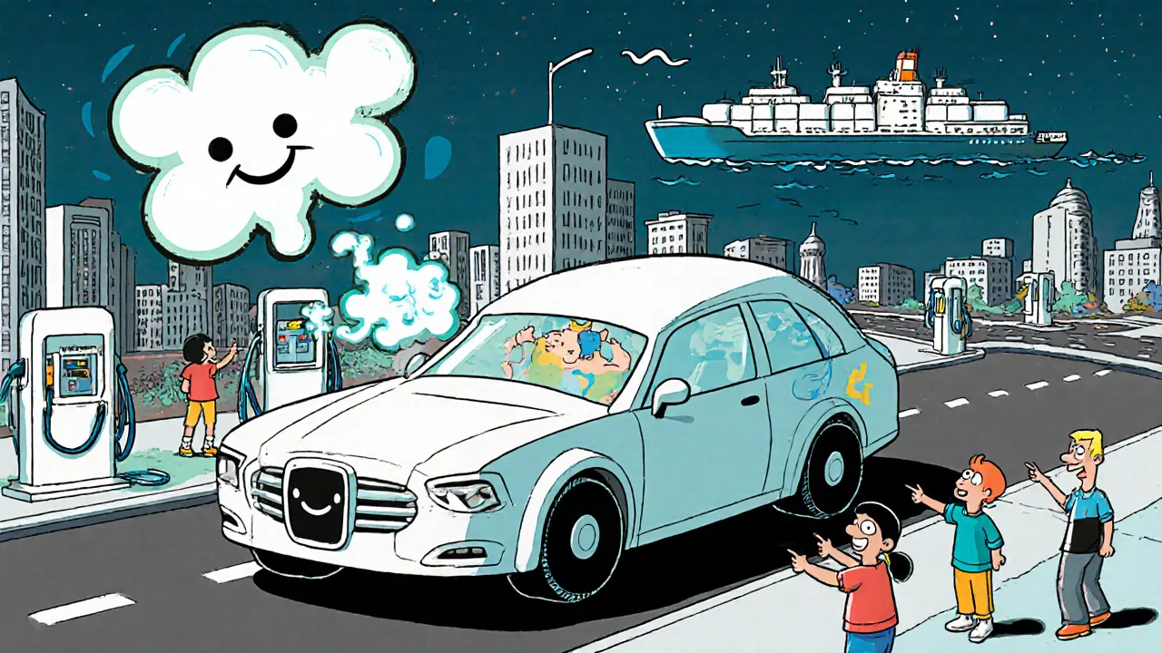 Российский прототип NAMI Hydrogen с двойной заправкой едет по городу, дети указывают на паровой смайлик.