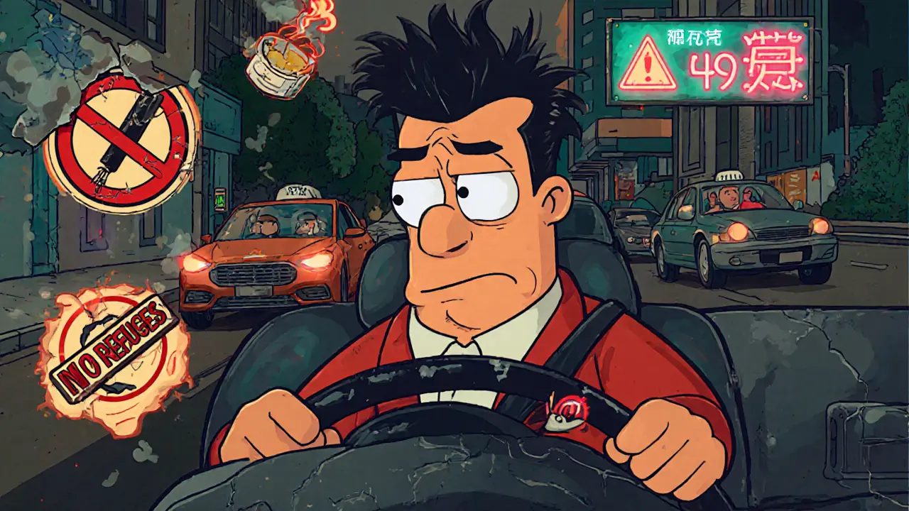 Водитель с низким рейтингом окружен предупреждающими символами: грязь, отказы, нарушения ПДД.