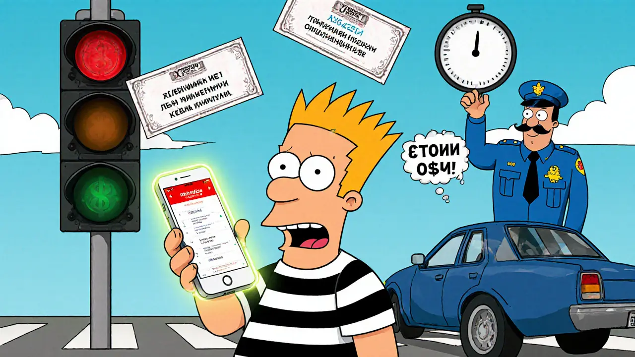 Водитель смотрит на телефон с предупреждением о штрафах 2025, его машина на красный свет.