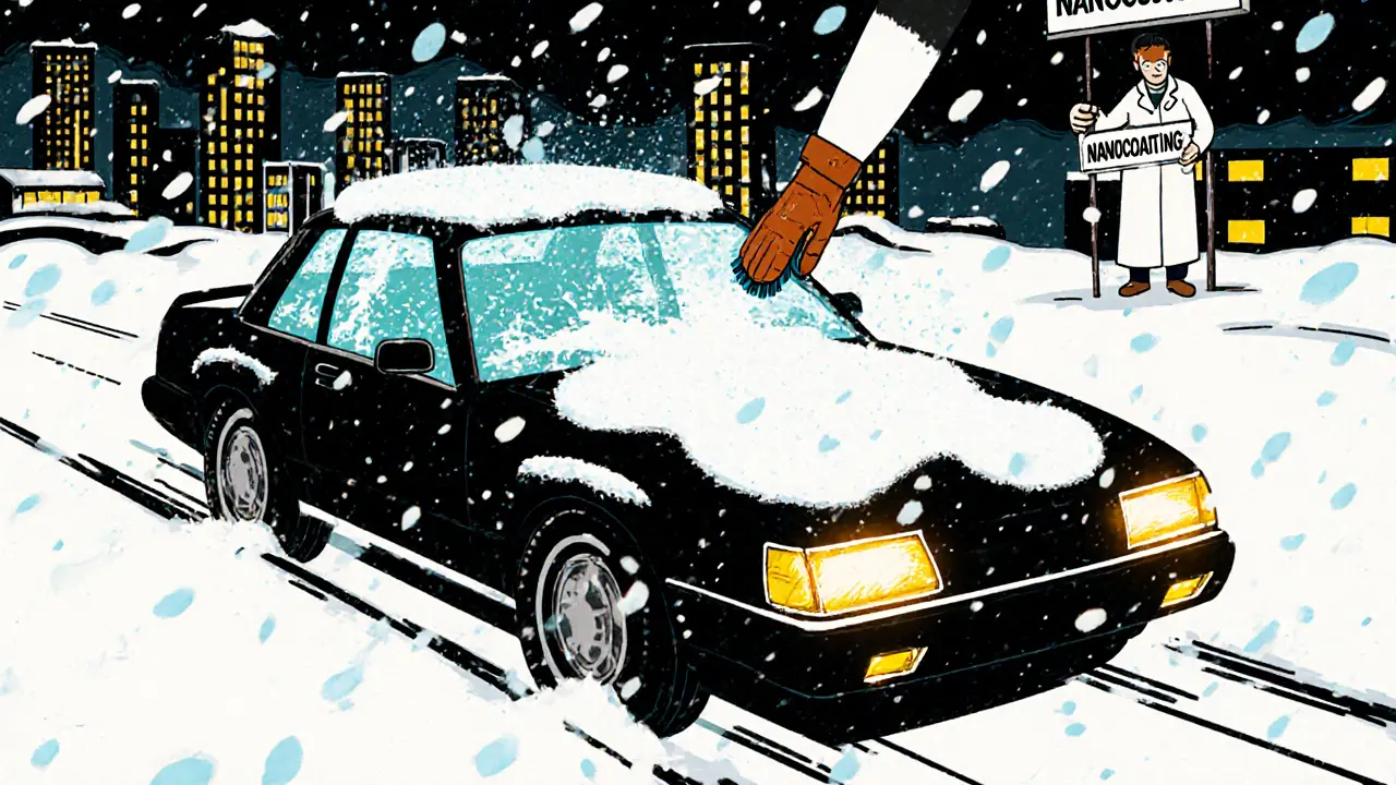 Автомобиль с защитным покрытием, снег скользит по его стеклам, человек в перчатке-щетке мягко касается крыши.