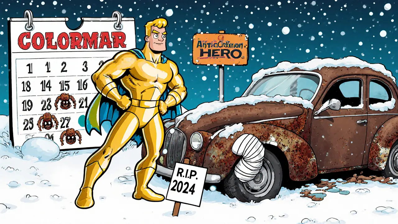 Блестящая машина с керамическим покрытием стоит рядом с ржавой, как герой и жертва зимы.