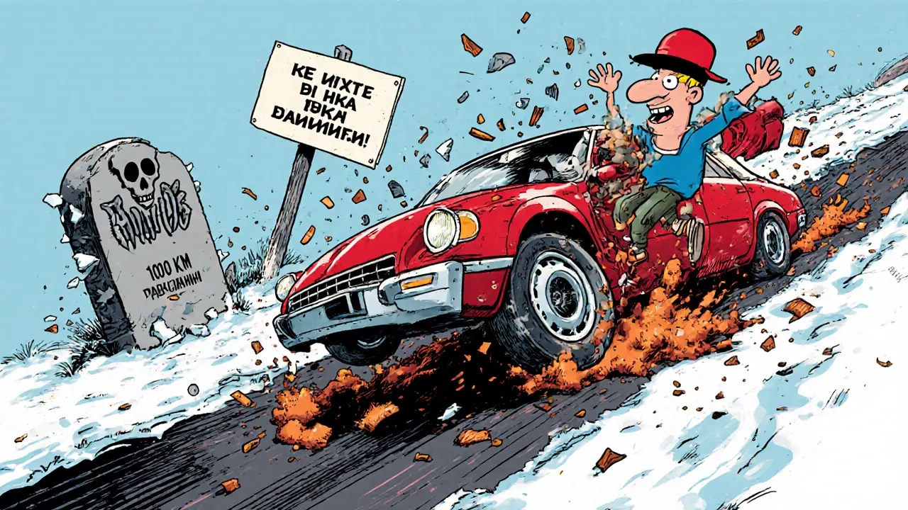 Машина теряет управление на льду, колесо заклинило, из него летят осколки подшипника.