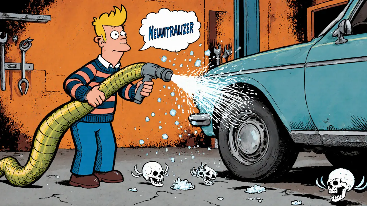 Механик моет днище машины гигантским шлангом, а соль превращается в косточки.