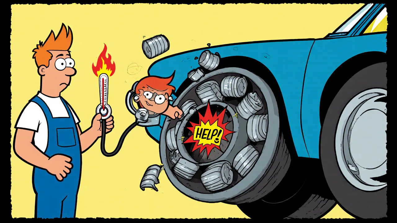 Механик проверяет подшипник стетоскопом, внутри — разрушающийся подшипник с кричащими роликами.