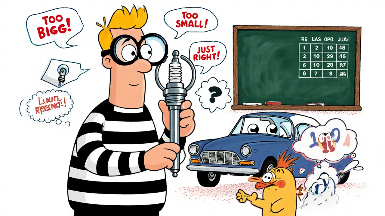 Механик с лупой проверяет зазор свечи, машина с глазами смотрит, вокруг — надписи о правильном зазоре.