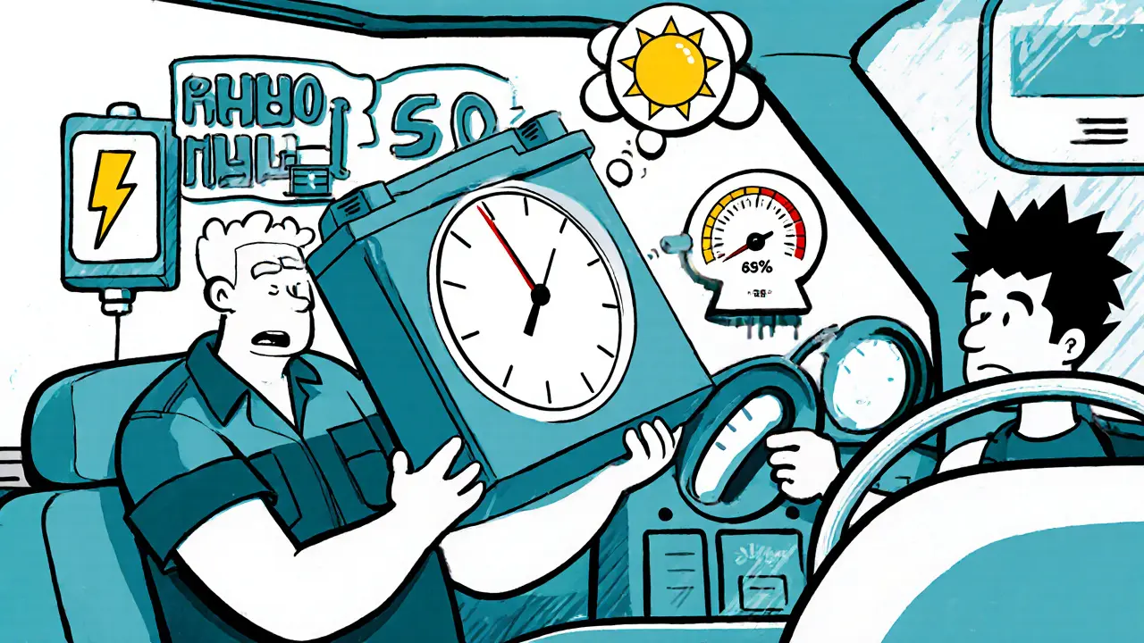 Механик смотрит на падающий уровень заряда батареи, вокруг — символы вредных привычек