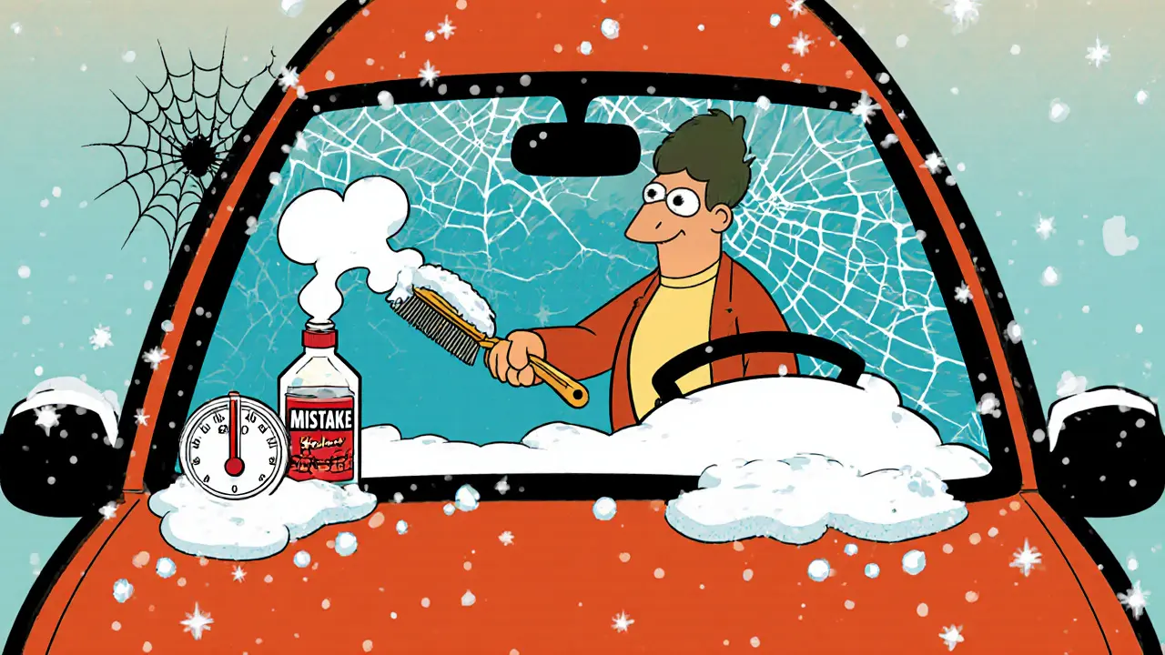 Мужчина убирает лед со стекла резиновой кромкой щетки, рядом стоит бутылка средства для разморозки.