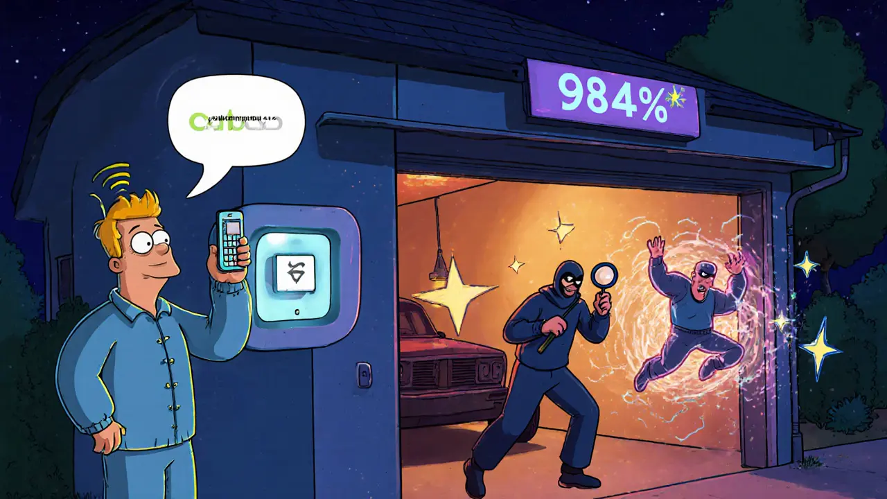 Умный гараж с электронным замком отправляет уведомление на телефон, а вор отлетает от защитного поля.