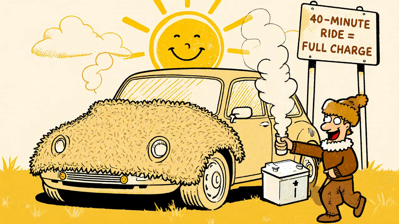 Утеплённый аккумулятор под тёплым одеялом, механик улыбается, рядом знак с требованием 40 минут езды.