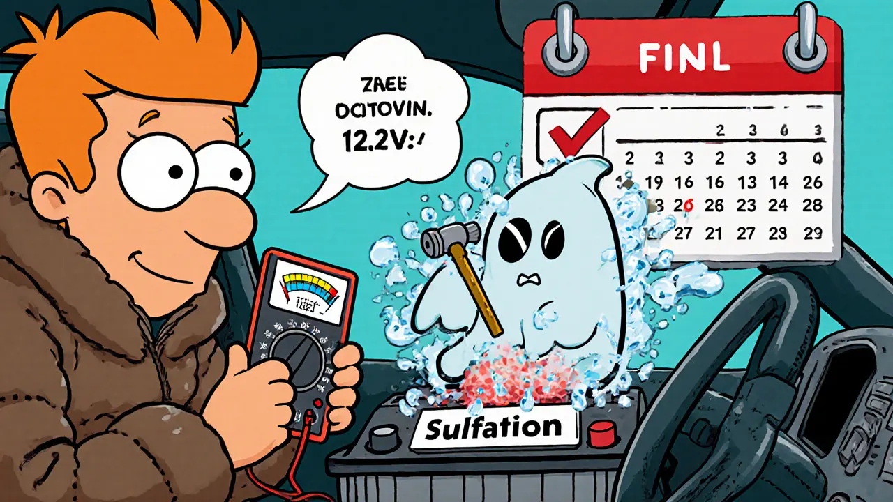 Водитель измеряет напряжение аккумулятора, над ним парит призрак сульфатации с молотком.