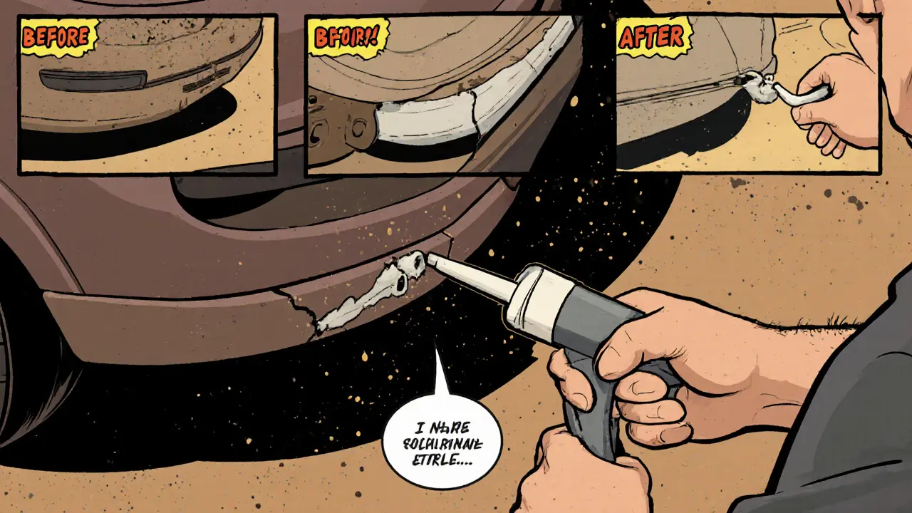 Механик наносит полиуретановый герметик на треснувший бампер в ярком мультяшном стиле.