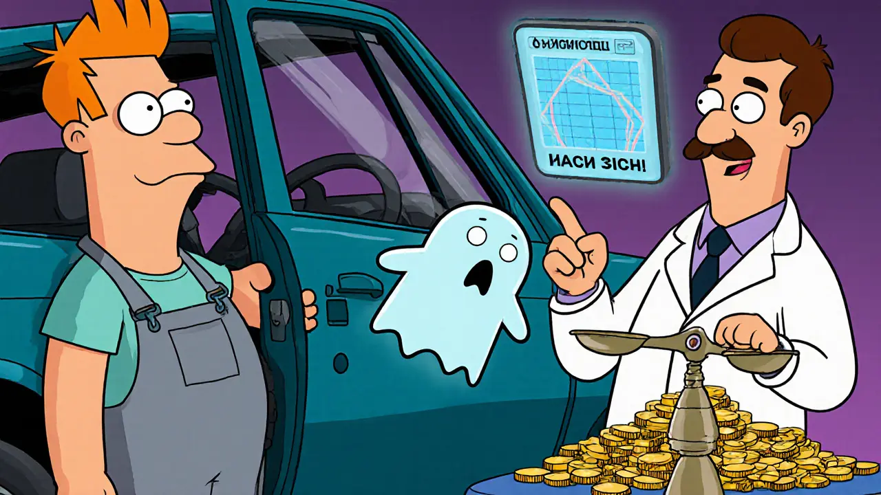 Механик не может правильно установить дверь, а подушка безопасности улетает, в мультяшном стиле.