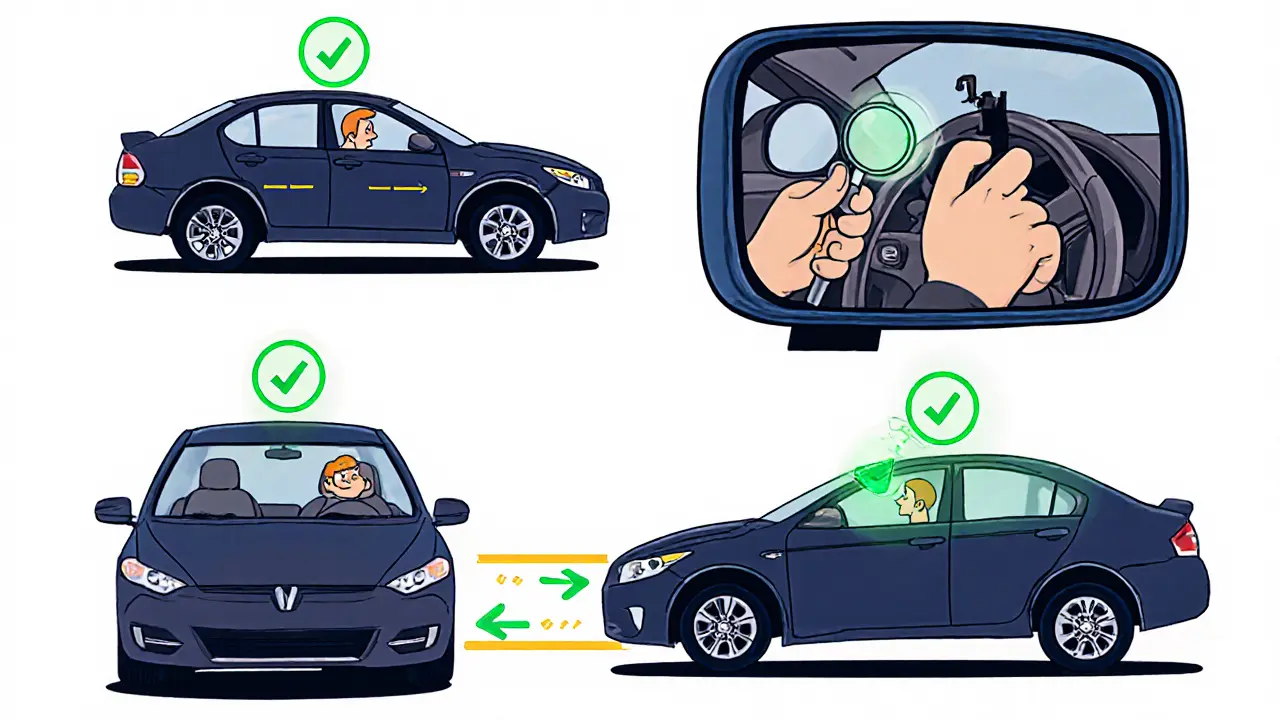 Пошаговая схема параллельной парковки с указателями и зеркалами в мультяшном стиле.