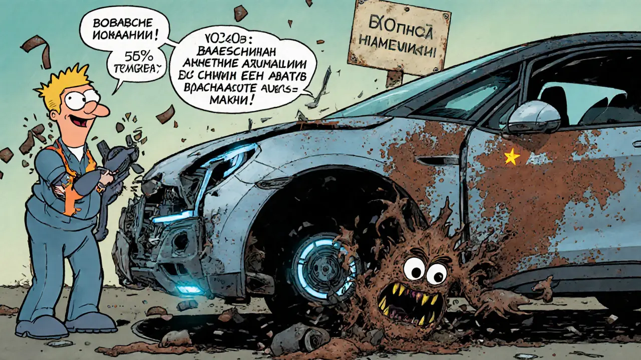 Робот чинит электромобиль, а старая машина ржавеет — в стиле Ханна-Барбера.